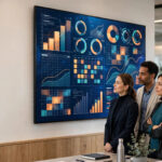 HR leaders reviewing workforce planning and payroll data on a large digital dashboard