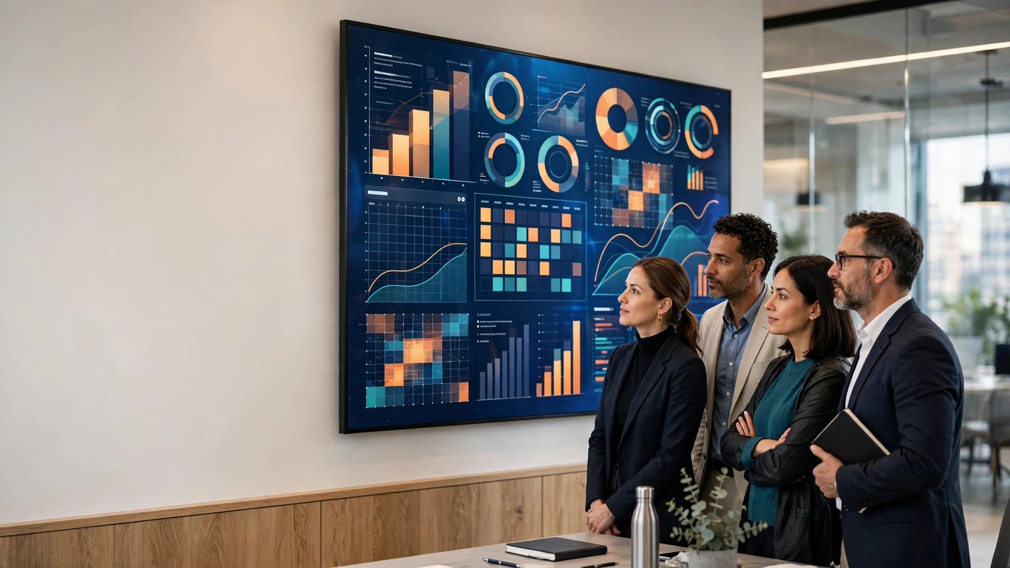 Oracle Fusion Claw in HCM: AI That Does the Work, Under Rules HR Sets 1 HR leaders reviewing workforce planning and payroll data on a large digital dashboard